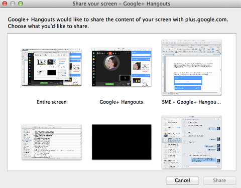 Optionen für die Bildschirmfreigabe von Google + Hangouts