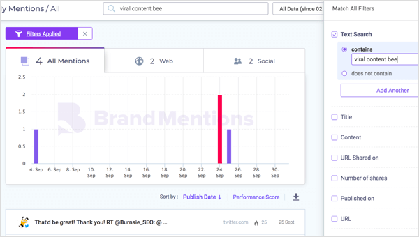 Filtern Sie Markennamen-Erwähnungen nach Projektnamen in BrandMentions.