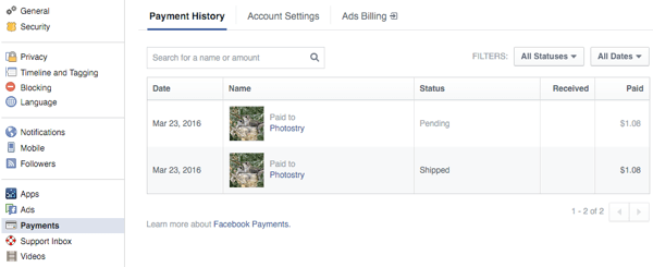 Kunden sehen Bestellungen im Zahlungsbereich der Facebook-Einstellungen