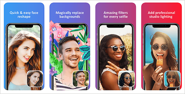 Facetune 2 ist eine einfache Möglichkeit, Ihre Selfies zu verbessern. Die Vorschau im iTunes App Store zeigt, wie die App ein Gesicht anpasst, einen Hintergrund ersetzt, Farben filtert und Beleuchtungsprobleme behebt.