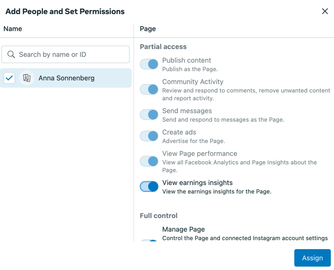 Bild des Bildschirms „App People“ und „Set Permissions“ in der Meta Business Suite