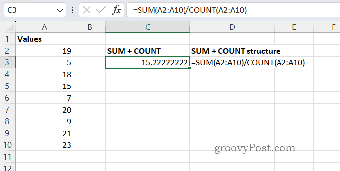 SUMCOUNT-Durchschnittsergebnis in Excel