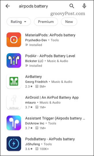Eine Liste von AirPods-Status-Apps von Drittanbietern im Google Play Store