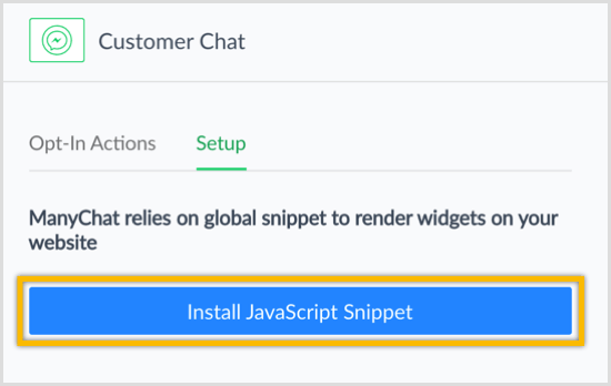 Schaltfläche "JavaScript-Snippet installieren" von ManyChat