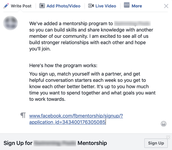 So verbessern Sie Ihre Facebook-Gruppengemeinschaft, Beispiel einer Gruppenankündigung für ein Facebook-Mentoring-Programm