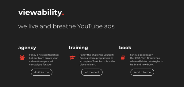 Screenshot der Website für Viewability, eine YouTube-Werbeagentur.