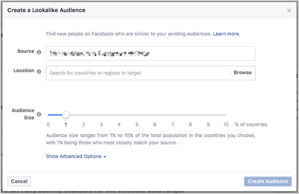 Stellen Sie die Größe des Facebook-ähnlichen Publikums ein. Sie können die Größe mit einem Schieberegler steuern, der beim Erstellen der Zielgruppe angezeigt wird.