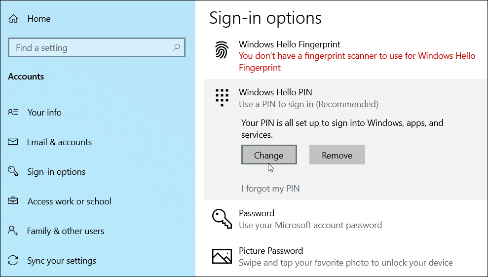 Ändern PIN hinzufügen Windows 10