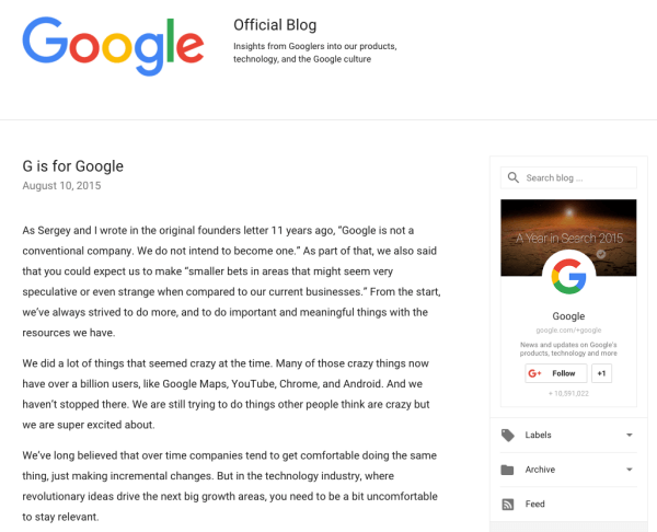 Ankündigungsschreiben für Google Rebranding
