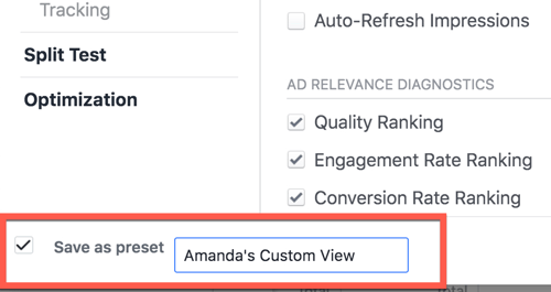 Speichern einer benutzerdefinierten Berichtsansicht im Facebook Ads Manager.