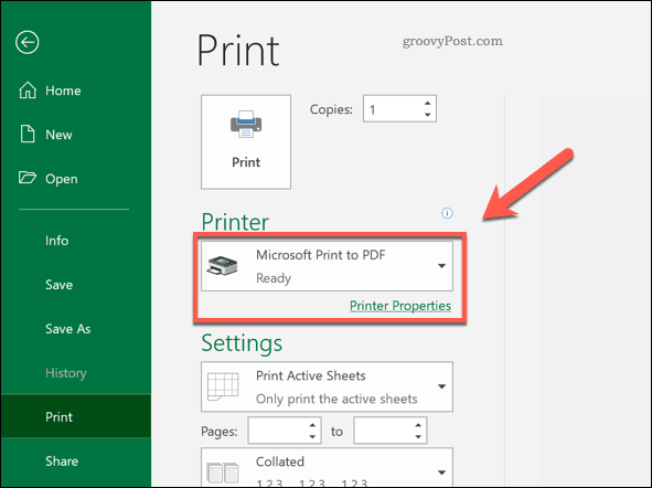 Option "Auf PDF drucken" in Excel