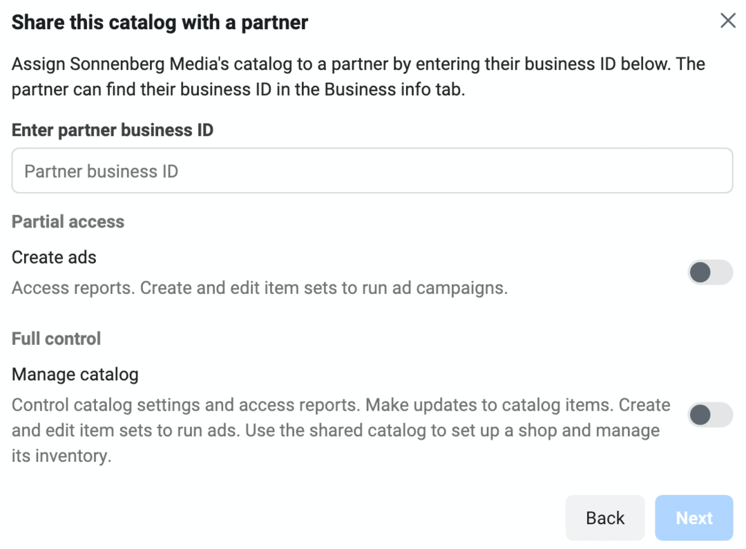 Bild des Bildschirms „Diesen Katalog mit einem Partner teilen“ im Meta Business Manager