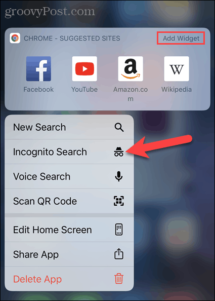 Tippen Sie unter dem Chrome-App-Symbol unter iOS auf Neue Inkognito-Registerkarte