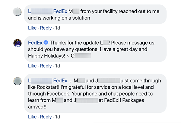 Dies ist ein Screenshot eines Facebook-Gesprächs zwischen FedEx und einem Kunden. Der Kunde teilt dem Kundendienst mit, dass sich jemand an ihn gewandt hat und ihm bei einem Problem hilft. Der Kundendienstmitarbeiter dankt dem Kunden und ermutigt ihn, sich bei Fragen mit ihm in Verbindung zu setzen. Der Kunde antwortet dann mit einer Antwort, dass die Mitarbeiter des lokalen und des Facebook-Kundendienstes Rockstars sind. Shep Hyken merkt an, dass ein guter sozialer Kundenservice Menschen zu Markenanwälten machen kann.