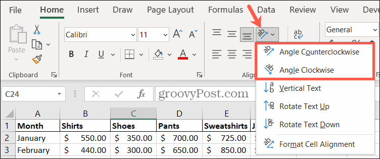 Wählen Sie einen Ausrichtungswinkel in Excel, um Text zu drehen