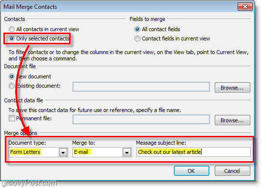 Screenshot von Outlook 2010 – Stellen Sie sicher, dass die Optionen unter Kontakte für den Seriendruck korrekt sind