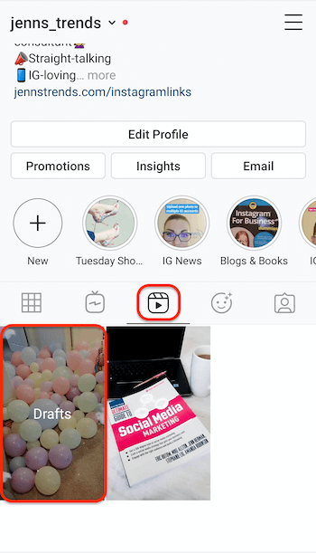 Screenshot der Registerkarte "Instagram-Rollen" in einem Profil mit dem Platzhalter für Rollenentwürfe