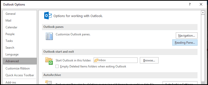 Outlook-Lesefenster-Optionen