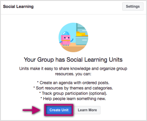 Navigieren Sie in Ihrer Facebook-Gruppe zur Registerkarte Einheiten und klicken Sie auf Einheit erstellen.