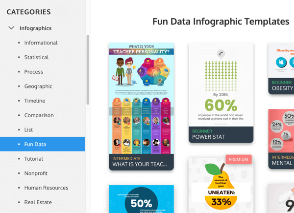 Beispiele für Venngage-Infografikkategorien unter Fun Data.