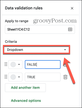 Dropdown-Liste mit Google Sheets-Kriterien