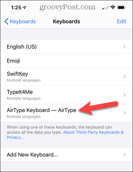 Tippen Sie in der Liste der iPhone-Tastaturen auf AirType-Tastatur