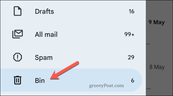 Öffnen des Papierkorbs in Google Mail auf Mobilgeräten