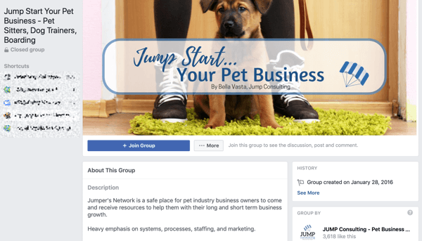 Verwendung der Funktionen von Facebook Groups, Beispiel einer Gruppe für Jump Start Your Pet Business