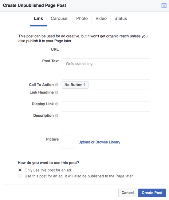 Um dunkle Facebook-Posts als Anzeigen zu erstellen, können Sie den Power Editor verwenden und Nur diesen Beitrag für eine Anzeige verwenden auswählen.