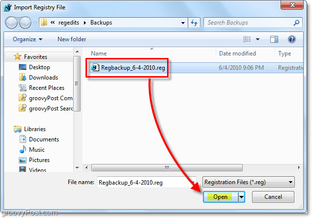 Auswahl für die Wiederherstellung der Registrierung in Windows 7 und Vista für den Import