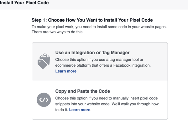 Wählen Sie die Methode aus, mit der Sie das Facebook-Pixel installieren möchten.
