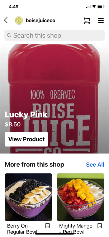 Beispiel Instagram Produkt Shopping von @boisejuiceco zeigt Glück Pink für 8,50 $ und darunter mehr davon Shop erscheint eine Beeren-reguläre Schüssel und eine mächtige Mango-reguläre Schüssel zusammen mit der Option, den Shop zu durchsuchen