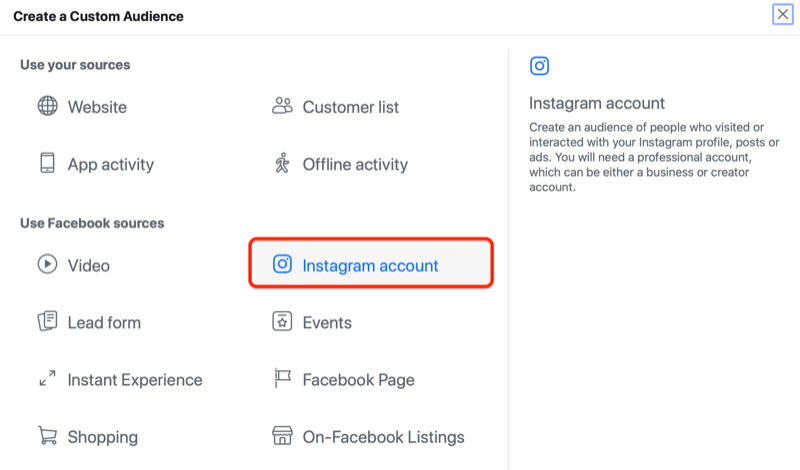 Der Facebook-Anzeigenmanager erstellt ein benutzerdefiniertes Zielgruppenmenü mit hervorgehobener Instagram-Kontooption