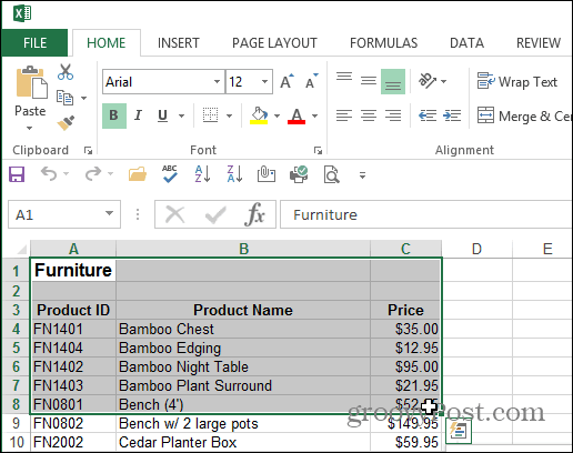 Wählen Sie Area Excel Document