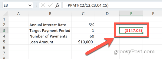 Excel-PPMT-Ergebnis