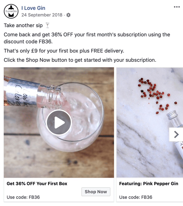 So erstellen Sie Facebook-Reach-Anzeigen, Schritt 8, Beispiel für ein Anzeigenmotiv von I Love Gin