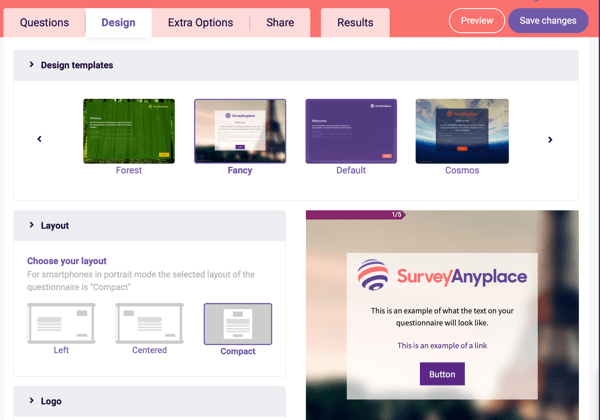 Survey Anyplace Design-Vorlagen- und Layouteinstellungen für Ihren Fragebogen.