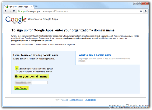 Anmeldung bei Google Apps Standard Edition Domain eingeben