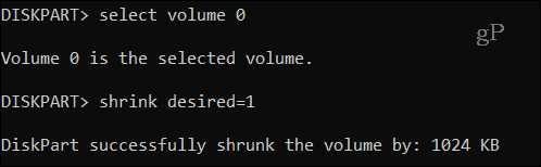 Befehl „Diskpart Shrink Vol“.