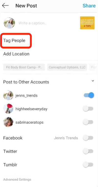 instagram neue Beitragsoption zum Markieren von Personen