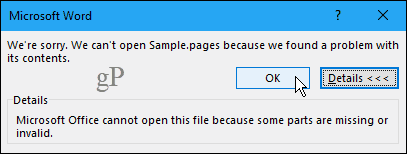 Das Pages-Dokument kann in Word nicht geöffnet werden