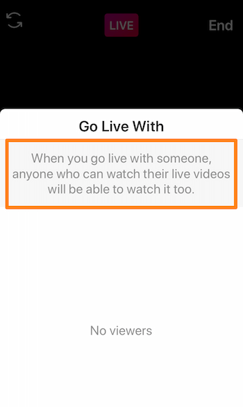 Screenshot von Instagram Live mit der Nachricht: Wenn Sie mit jemandem live gehen, kann jeder, der seine Live-Videos ansehen kann, diese auch ansehen.