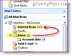 Outlook 2007-Screenshot, in dem erläutert wird, dass gelöschte Elemente in den Ordner für gelöschte Elemente verschoben werden