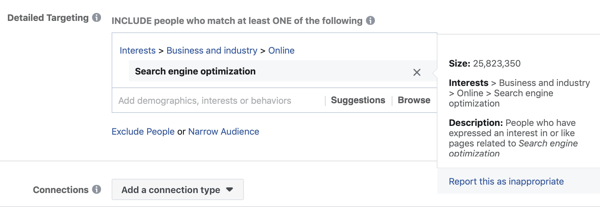 Beispiel für ein Standard-Facebook-Targeting für das Interesse Suchmaschinenoptimierung, das zu einer zu großen Zielgruppe von 25 Millionen führt.