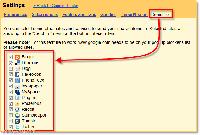 Verwenden Sie die Registerkarte Senden an in Google Reader, um auszuwählen, welche Websites in Ihrer Liste Senden an angezeigt werden