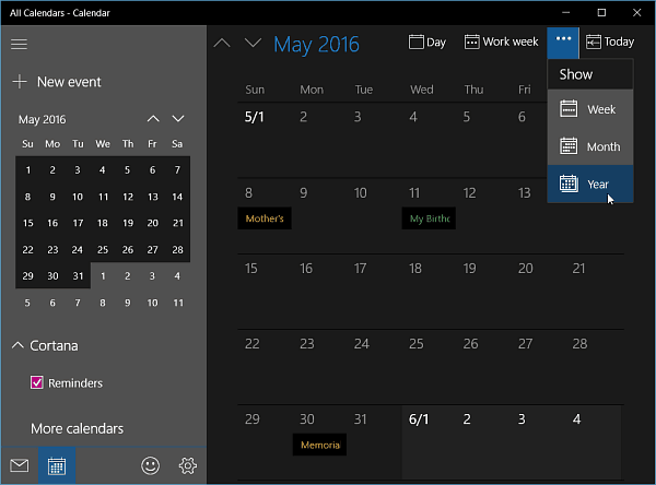 Kalender-App für Windows 10 Insider Build 11099 Ruft die Jahresansicht ab