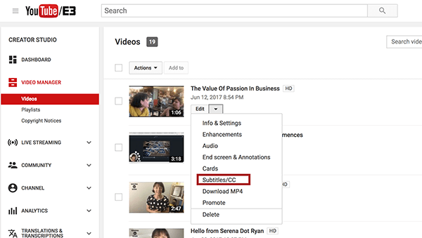 Wählen Sie im YouTube Video Manager die Option Untertitel / CC aus dem Dropdown-Menü Bearbeiten neben dem Video, das Sie beschriften möchten.