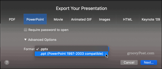 Exportieren einer Keynote-Präsentation als PPT-Datei