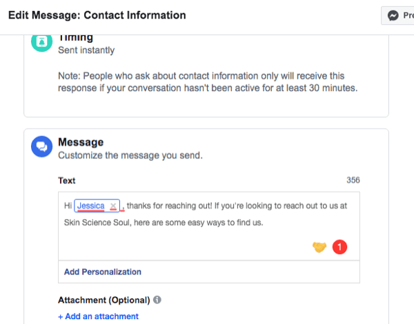 Screenshot der Setup-Oberfläche für die automatische Antwort der Facebook Messenger-Kontaktinformationen