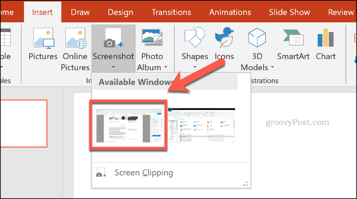 Auswählen eines Screenshot-Fensters in PowerPoint